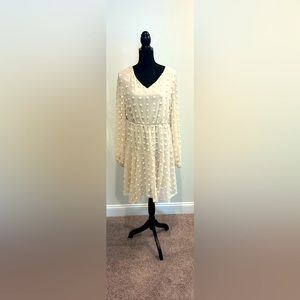 MISS SPARKLING Cream Swiss Dot V-Neck Flare Dress -Size Large